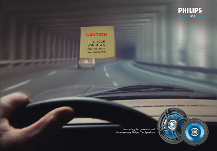 Postit: Caution - Shut your windows near schools and hospitals<br />Copy: Presenting the powerful and all-consuming Philips Car Speakers