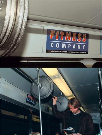 Another creative idea by The Fitness Company. Heavy Weights were placed at<br />various subways in New York City which creates an illusion that the person<br />holding the safety bar is doing weights.